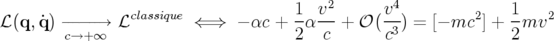                  classique             1  v2      v4          2   1    2
ℒ (q,q˙) −−−−→ ℒ         ⇐ ⇒  − αc + --α---+ 𝒪 (-3-) = [− mc ] +--mv
         c→+ ∞                        2   c      c               2
